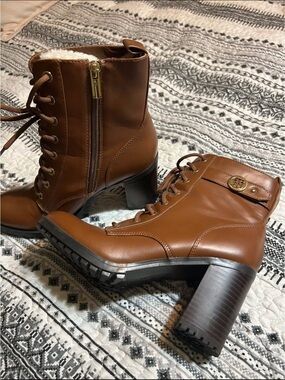 Tommy Hilfiger Cognac Brown Lace-Up Block Heel Ankle Boots